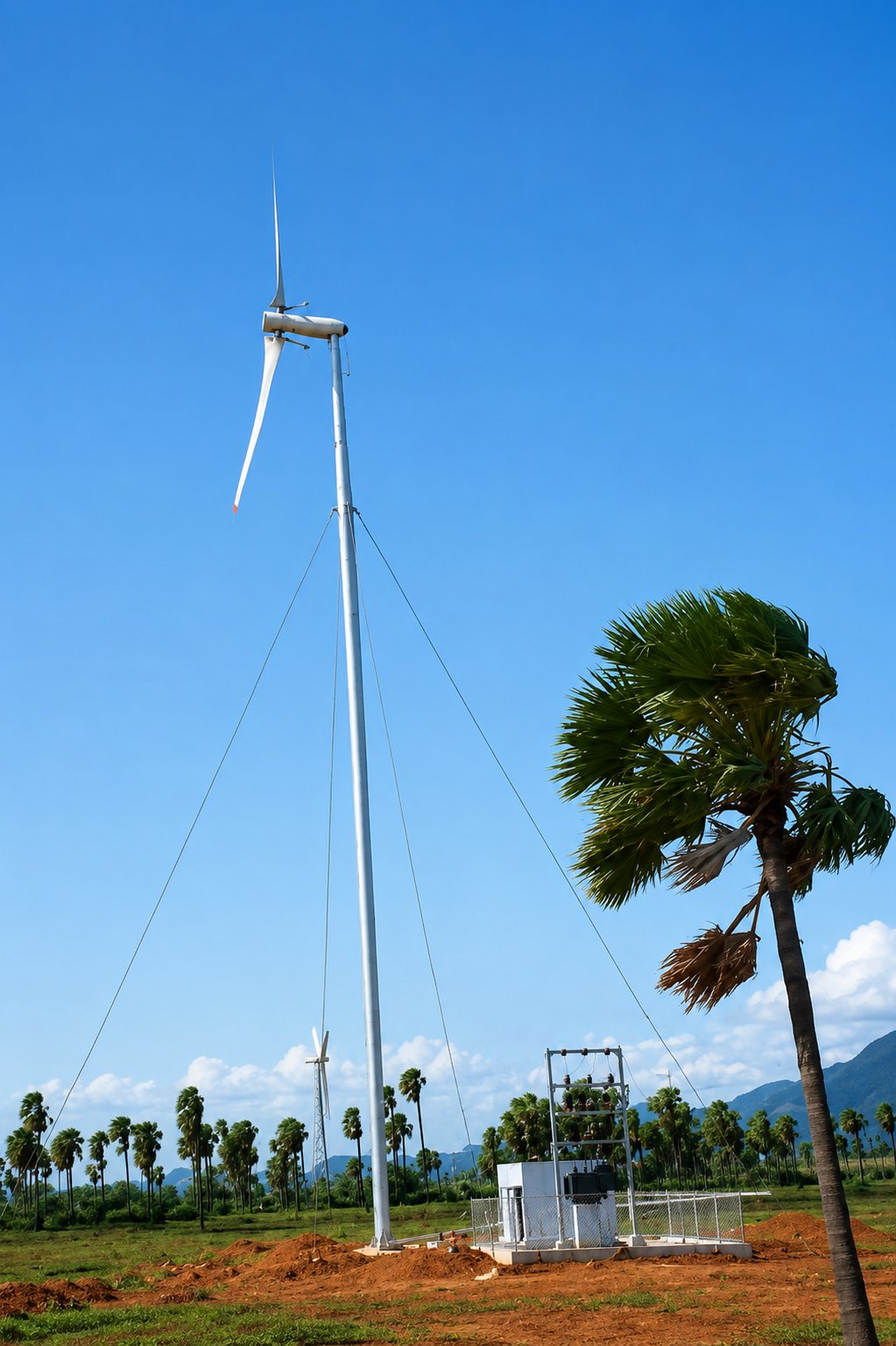 A Carter 300 turbine on its guyed tower at the Muppandal site in India, with a substation and a windblown palm in the foreground under a blue sky and palm-dotted plain behind