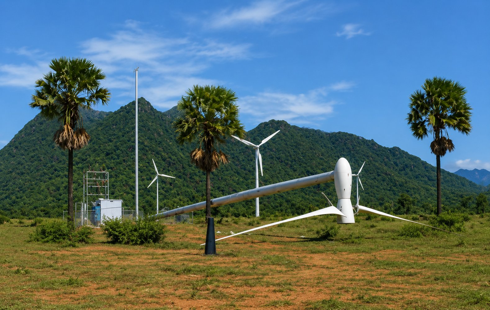 A Carter turbine tilted down to ground level among palms and three-blade turbines below a green mountain at Muppandal, Tamil Nadu