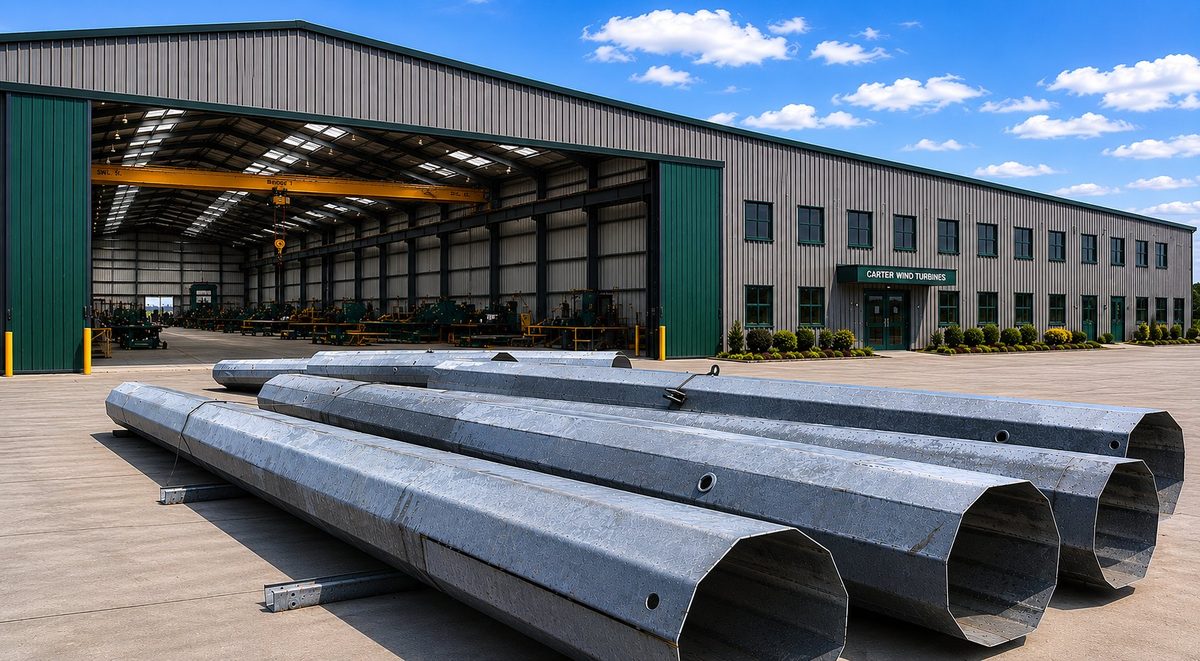 Galvanized tapered tubular tower sections laid out at the Carter Wind Turbines factory yard in the UK