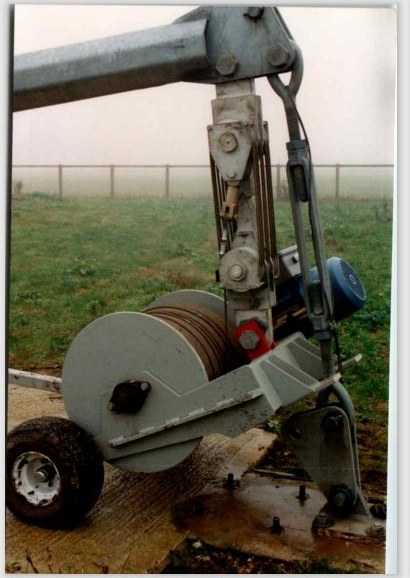 The Orton mobile winch on its pad with the gin-pole attached, rigged and ready to lower the tilt-down tower