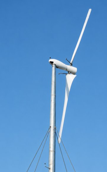 A Carter two-blade turbine head on its guyed tower against a blue sky, showing the counterbalance arms below the rotor