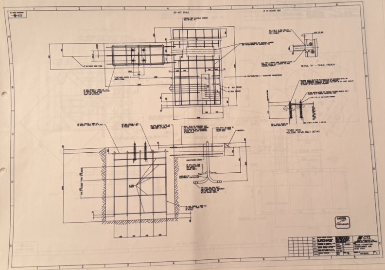 Carter turbine site foundation general-arrangement drawing: tower base, holding-down bolt detail, cable trench and transformer base pad