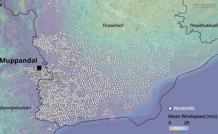 Map of the Muppandal area in Kanyakumari and Tirunelveli, Tamil Nadu, showing thousands of windmill locations over a mean wind-speed surface