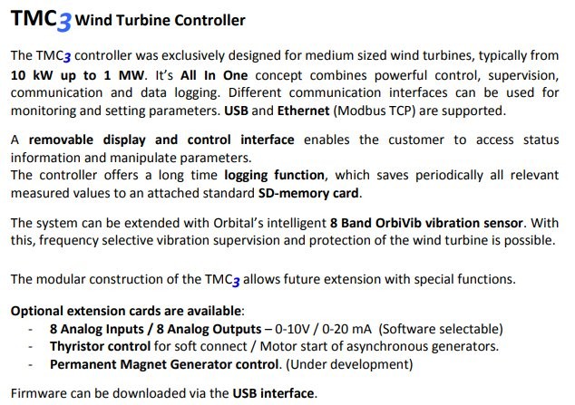 TMC3 Wind Turbine Controller overview: an all-in-one control, supervision, communication and data-logging system for 10 kW to 1 MW turbines