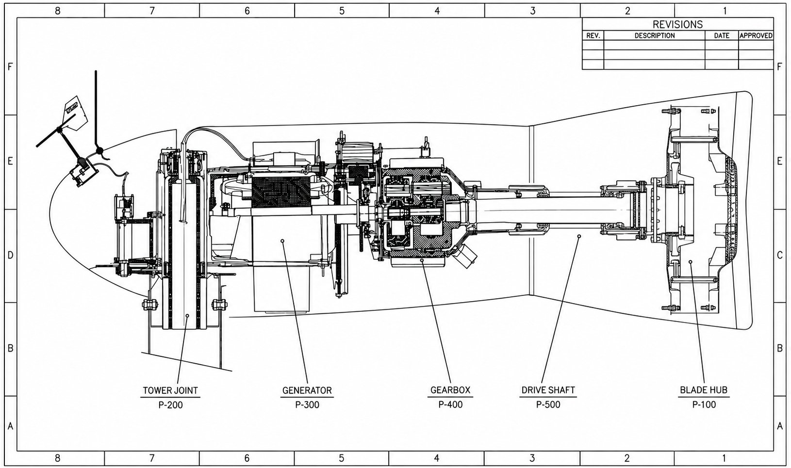 Labelled engineering cutaway drawing of the Carter nacelle assembly identifying the Blade Hub (P-100), Tower Joint (P-200), Generator (P-300), Gearbox (P-400) and Drive Shaft (P-500)
