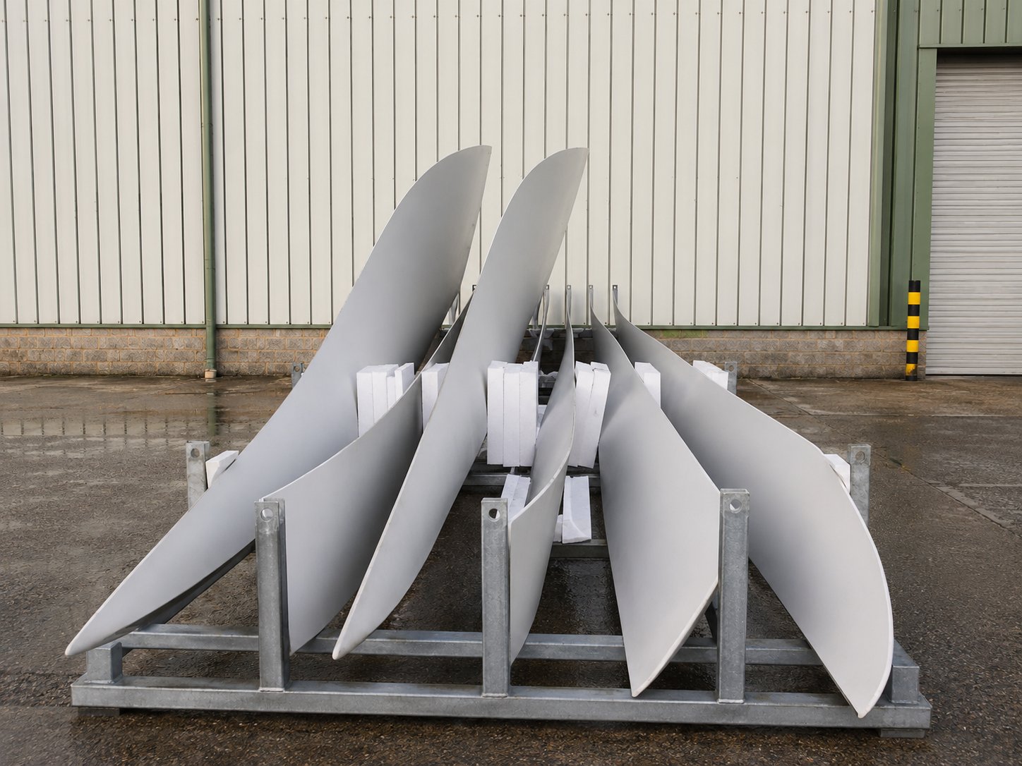 A galvanised storage rack holding several grey composite Carter rotor blades with their aerofoil cross-section visible, outside the factory