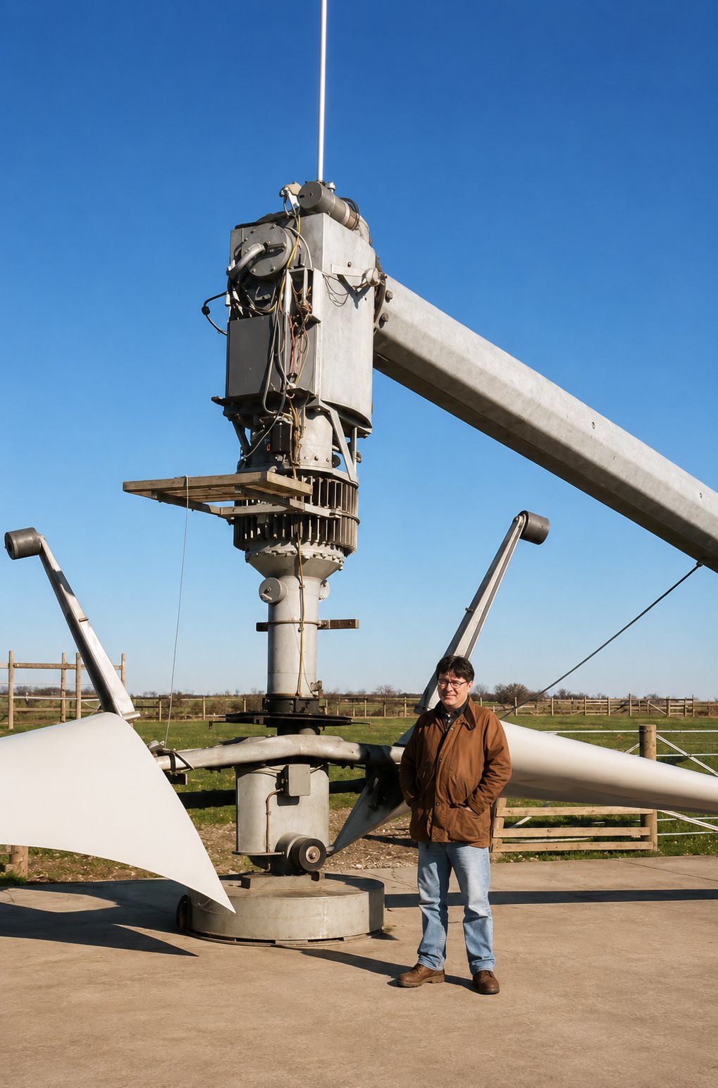 A man standing beside the lowered Carter nacelle and rotor assembly at ground level at Orton, the tilt-down tower lowered behind