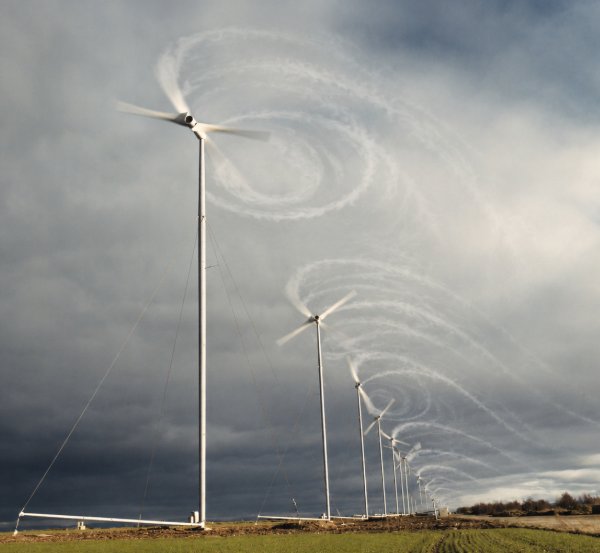A row of turbines with their swirling tip vortices made visible by condensation trailing downwind