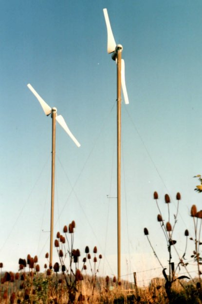 Two Carter 25 kW turbines on guyed towers seen above teasels at Beacon Farm